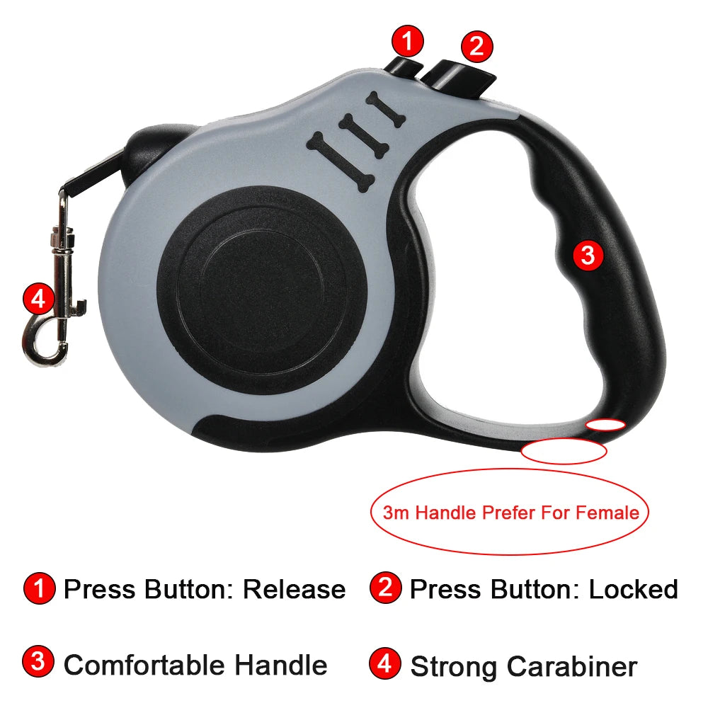 Laisse Rétractable Automatique pour Chien – Nylon Solide, 3m ou 5m