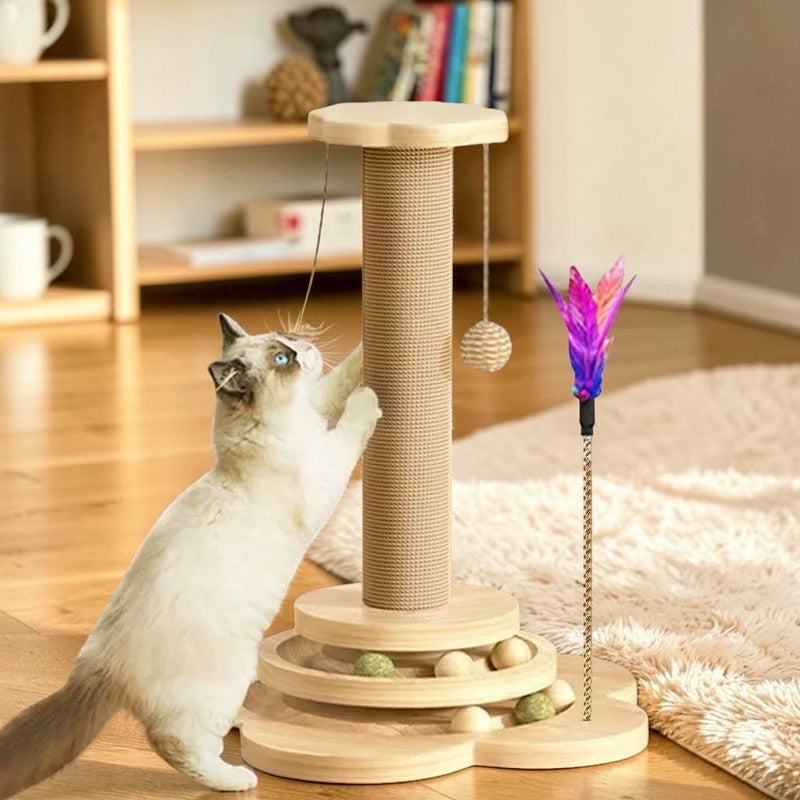 Griffoir en Bois Naturel pour Chat — Plateforme Rotative