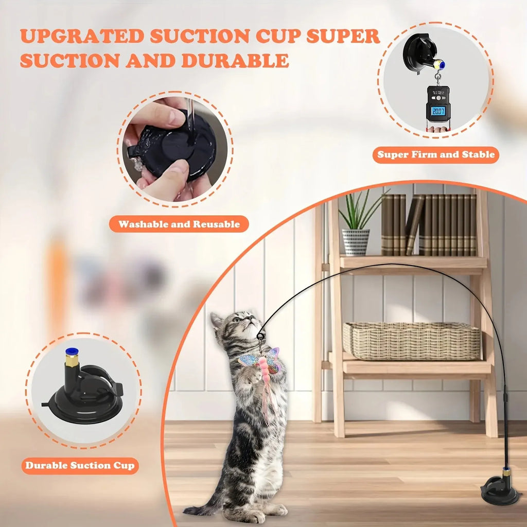 Canne à Pêche Interactive pour Chat — Plumes & Ventouse