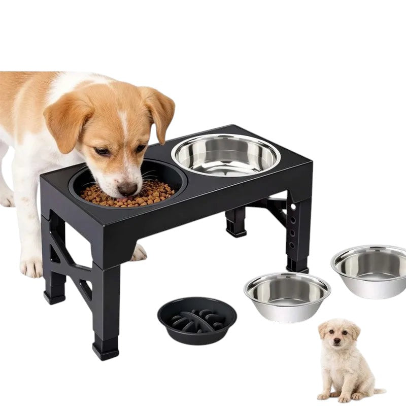 Gamelle Surélevée Réglable pour Chien – 5 Hauteurs | Lot de 3 Bols (Inox + Anti-Glouton)