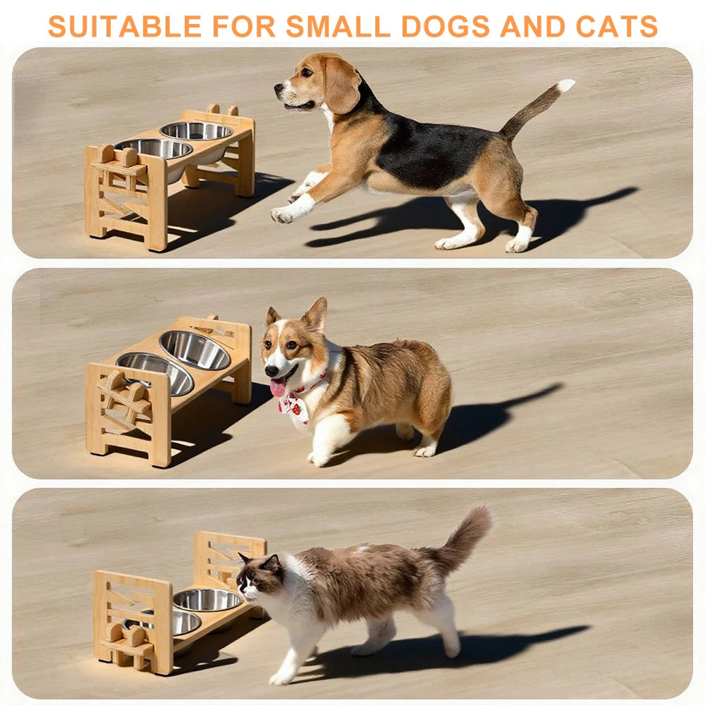 Support Surélevé 2 Bols Inox pour Chien & Chat – Réglable, Design Naturel