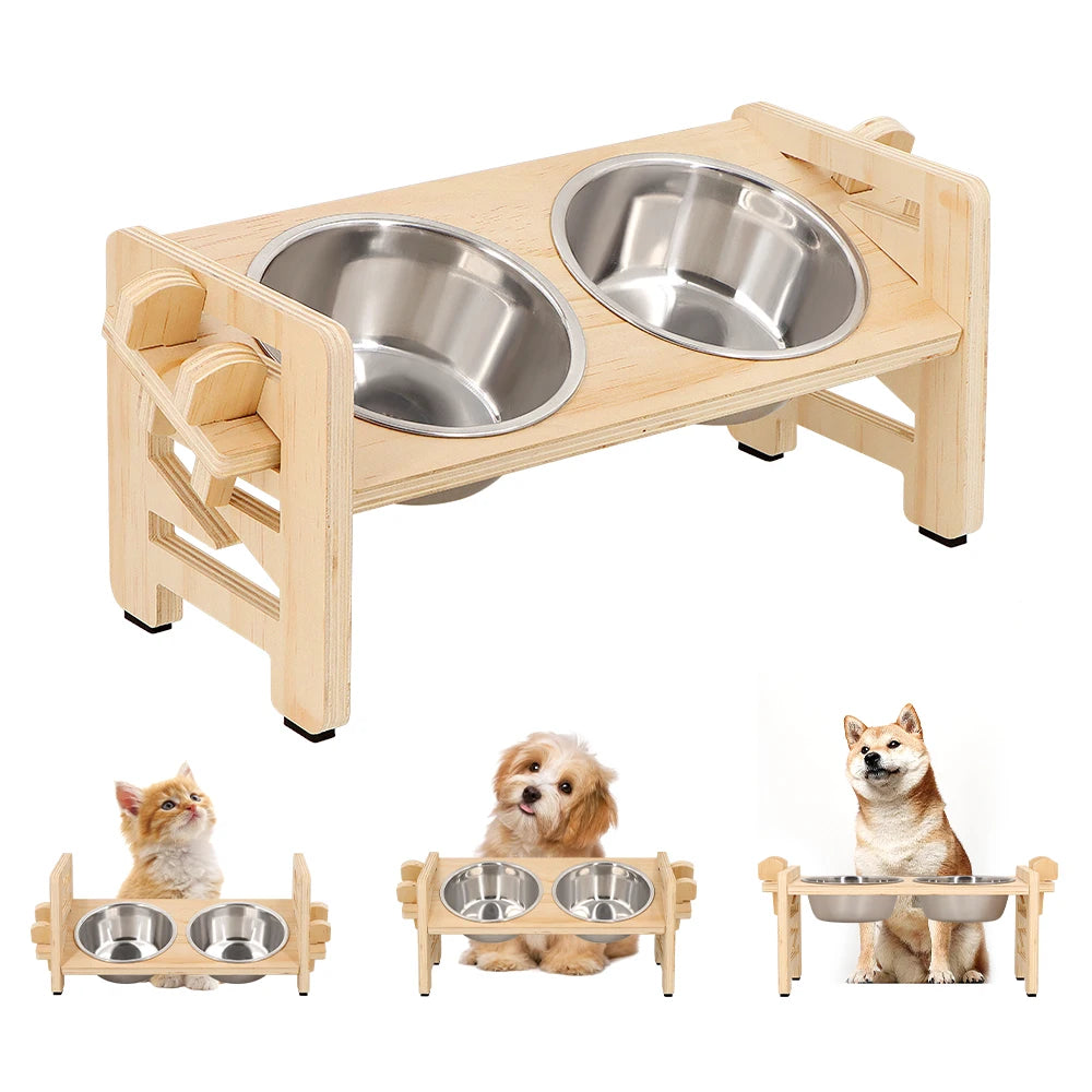 Support Surélevé 2 Bols Inox pour Chien & Chat – Réglable, Design Naturel