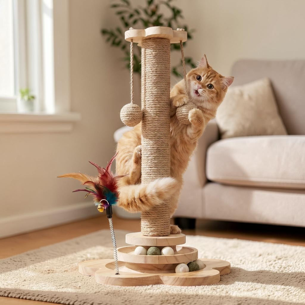 Griffoir en Bois Naturel pour Chat — Plateforme Rotative