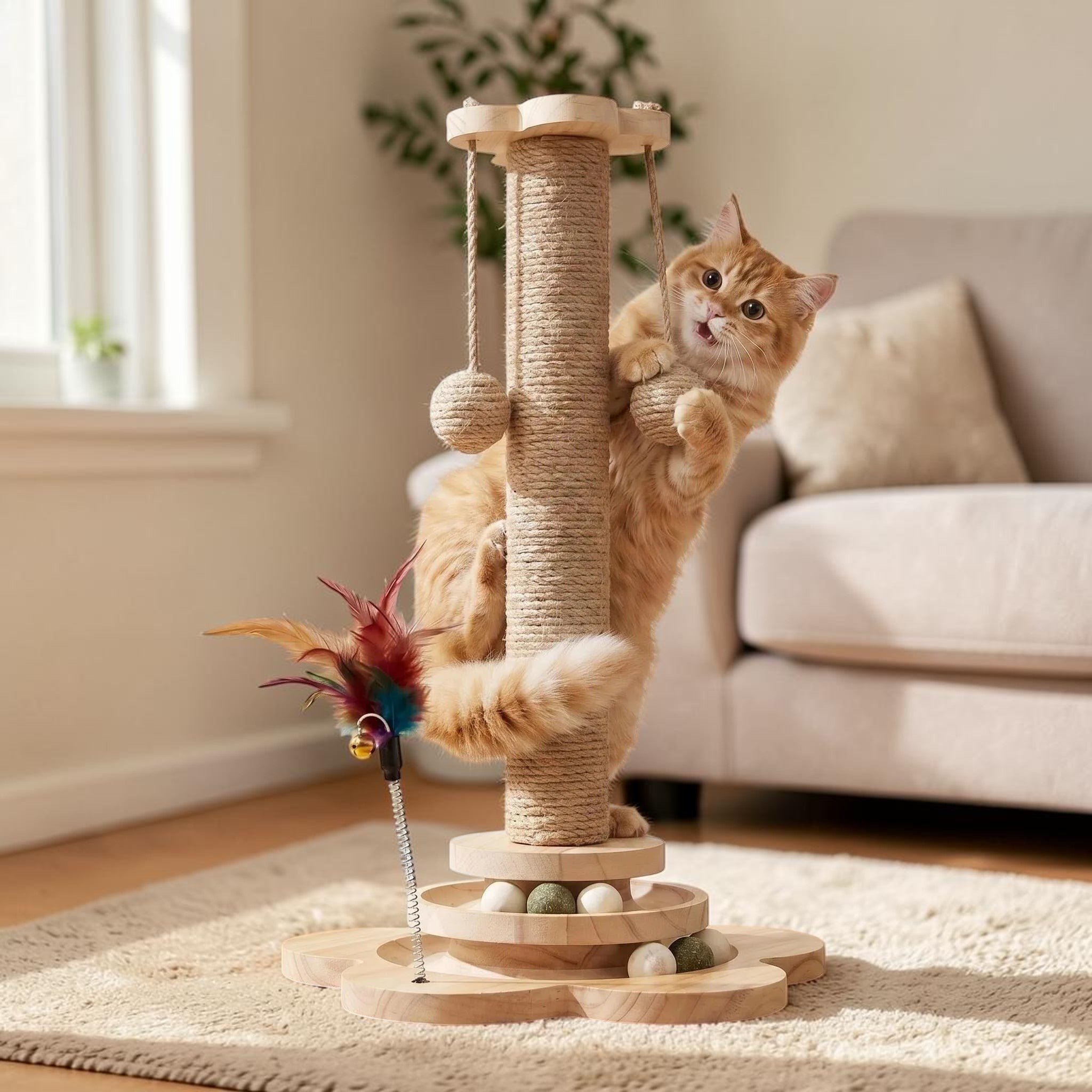 Griffoir en Bois Naturel pour Chat — Plateforme Rotative