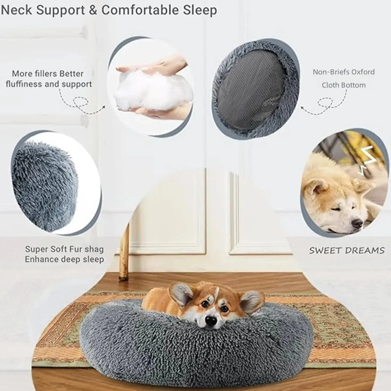 Lit Rond Moelleux pour Chien & Chat – Peluche Douce, 6 Tailles & 20 Couleurs