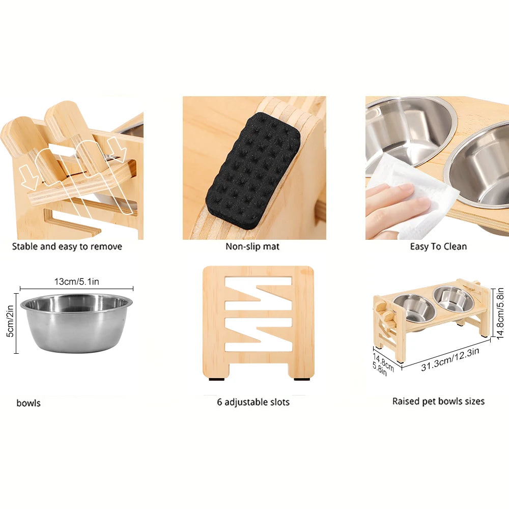 Support Surélevé 2 Bols Inox pour Chien & Chat – Réglable, Design Naturel
