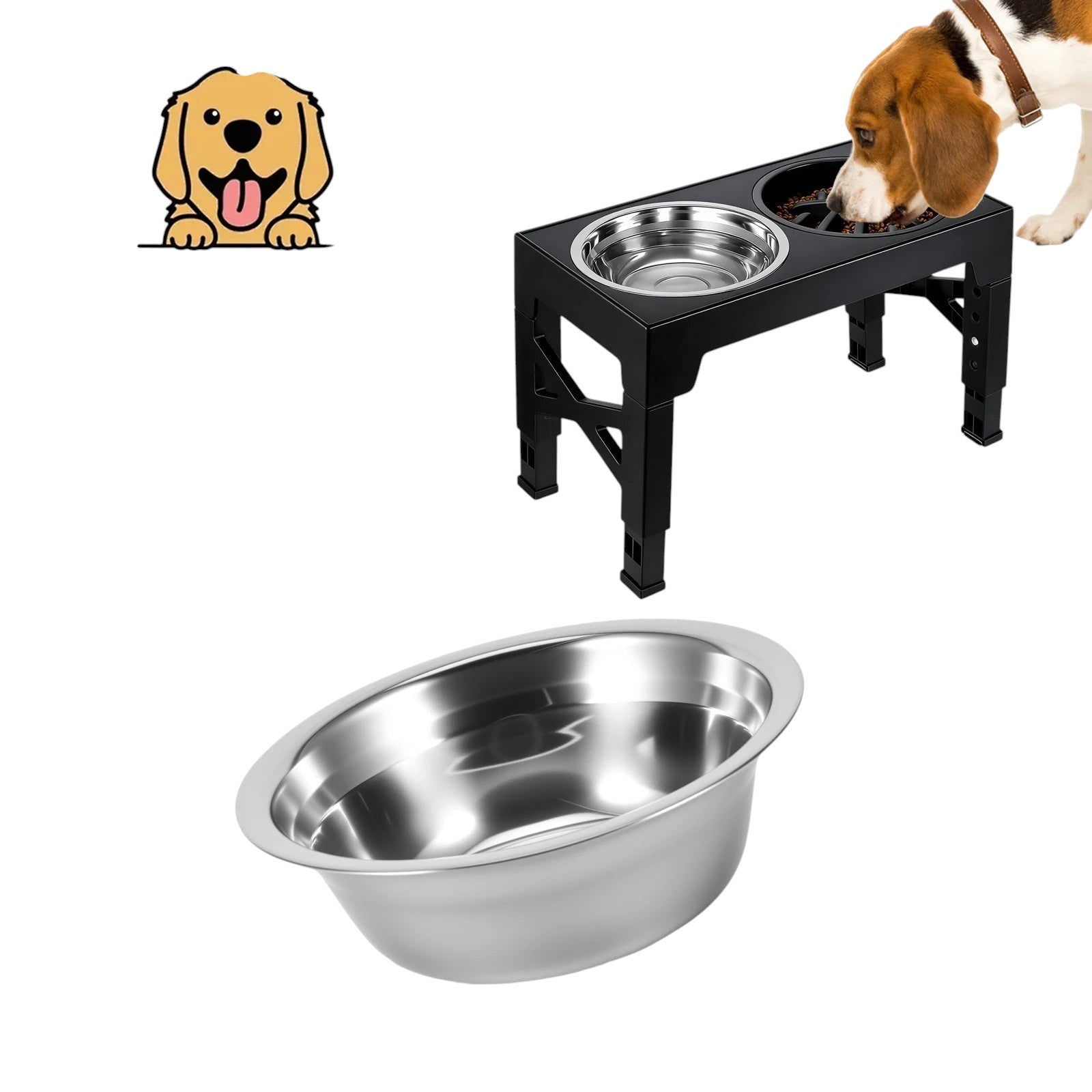 Gamelle Surélevée Réglable pour Chien – 5 Hauteurs | Lot de 3 Bols (Inox + Anti-Glouton)