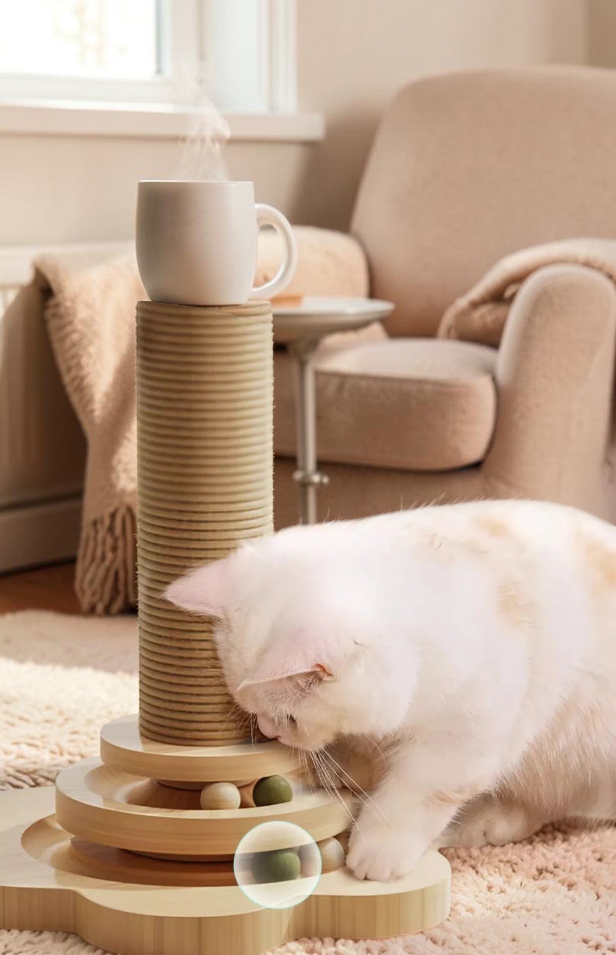 Griffoir en Bois Naturel pour Chat — Plateforme Rotative