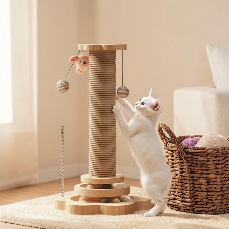 Griffoir en Bois Naturel pour Chat — Plateforme Rotative