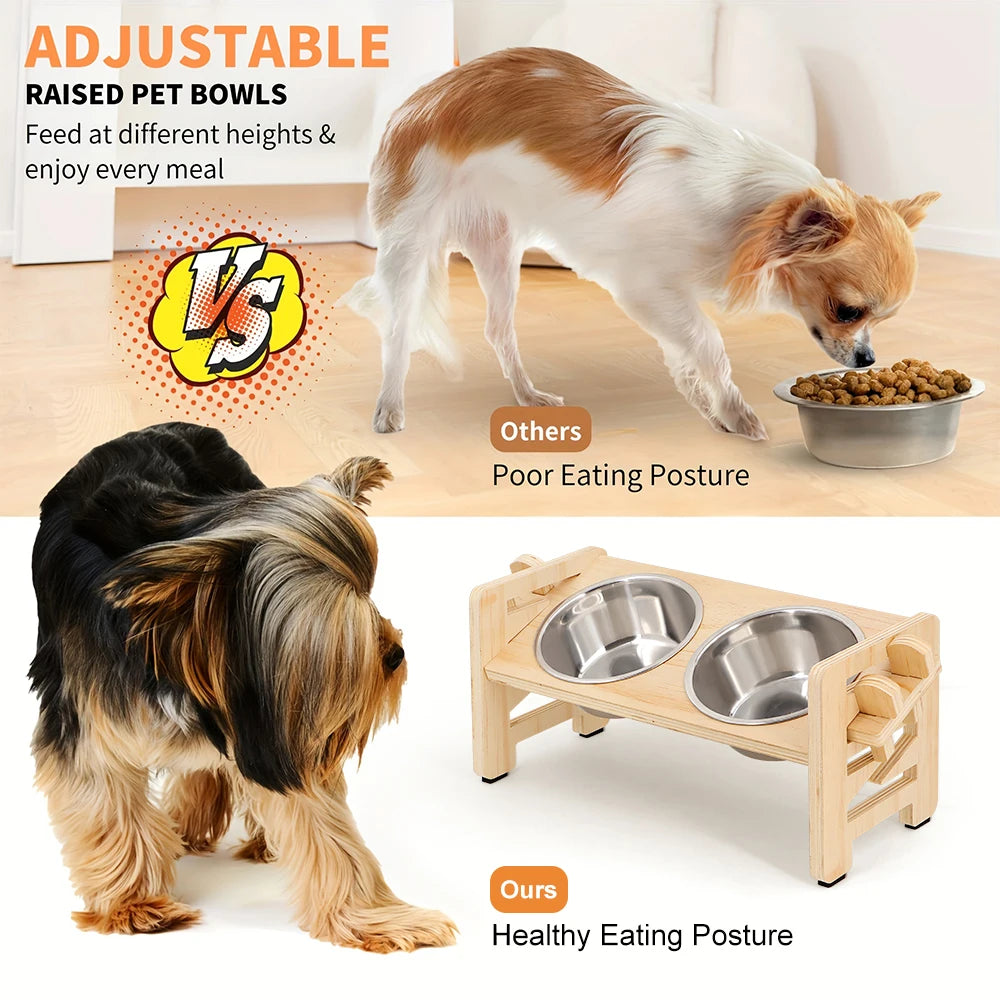 Support Surélevé 2 Bols Inox pour Chien & Chat – Réglable, Design Naturel
